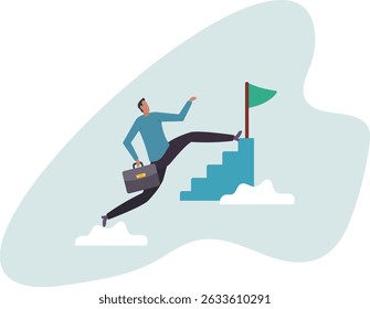 Shortcut or advancement in career development or work to achieve target, skip step to reach goal or beginner mistake by try hard way to success.character for design.