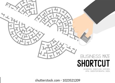 Shortcut Business online Maze or labyrinth Currency USD (United States Dollars) sign shape with businessman and eraser, design illustration isolated on white background, with copy space