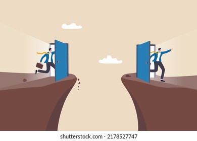 Shortcut for business success, solution or business opportunity, idea or creativity to solve problem, leadership determination concept, confidence businessman access shortcut door to cross the gap.