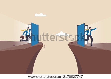 Shortcut for business success, solution or business opportunity, idea or creativity to solve problem, leadership determination concept, confidence businessman access shortcut door to cross the gap.