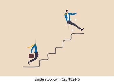 Shortcut for business success, stairway or step to career growth, get rich fast or strategy to achieve target concept, smart confidence businessman climbing up stair with special shortcut to success.