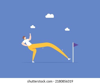 shortcut, instant and fast way to success. efforts to achieve goals and targets. a businessman steps and lengthens his legs so he can quickly get to his destination. illustration concept design