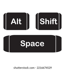 The Shortcut Keys. Black And White Computer Icon, Vector Illustration. White Computer Key, Icons With Command, Shift, Alt, Cmd For Pc. Isolated Press Symbol, Ctrl. 