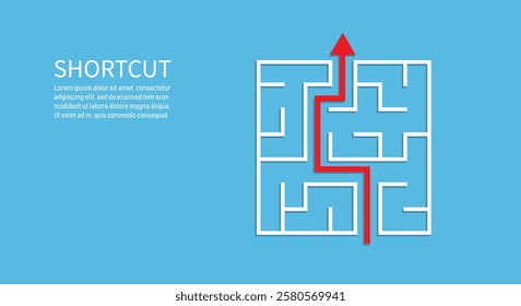 shortcut from maze with arrow to success. red arrow route break out of labyrinth. problem solving and solution concept. business strategy. copy space for text. vector illustration