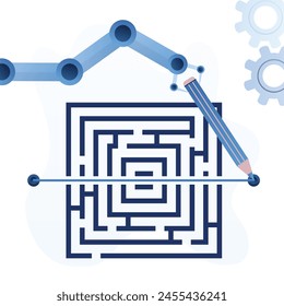 Shortcut on difficult routes, overcome obstacles. AI chatbot hand uses pencil and drawing straight path on maze or labyrinth. Robot looking for easiest way to achieve goals in order to win competition