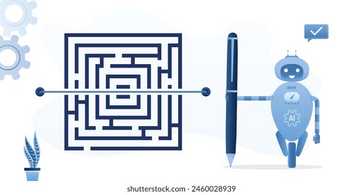 Shortcut on difficult routes, overcome obstacles. AI chatbot used pen and drawing straight path on maze or labyrinth. Robot looking for easiest way to achieve goals in order to win competition. vector