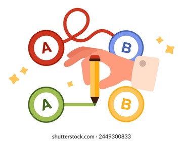Shortcut from point A to B. Businessman solving hard complicated problem in simple way, hand drawing straight line with pencil to choose easiest success shortest route cartoon vector illustration