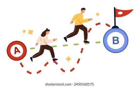 Shortcut from point A to B, simplicity of difficult business process. Tiny man and woman running to flag hard and easy way, choose success straight and complicated path cartoon vector illustration