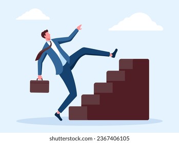 Shortcut or progress in career development or working to achieve target, beginner mistake by trying hard way to success concept, businessman skipping steps to achieve vector illustration