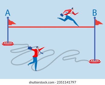 Shortcut To Success concept Businessman holding pen in hand leads a drawing line from point A to point B for Easy or shortcut way to win business success  achievement of goals,Simple Solution 