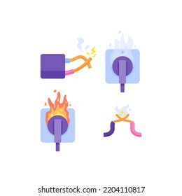 shorted wires, smoked and burnt sockets. short circuit and electrical short circuit. incidents and hazards. icon or symbol. illustration design. graphic elements