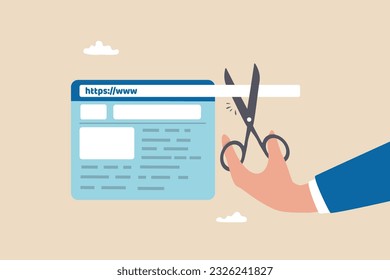 Shorten URL marketing short website address for easy online marketing campaign, hand holding scissor to cut website URL address bar.