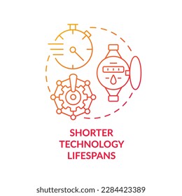 Shorter technology lifespans red gradient concept icon. Devices. Modern public sector issue abstract idea thin line illustration. Isolated outline drawing. Myriad Pro-Bold font used