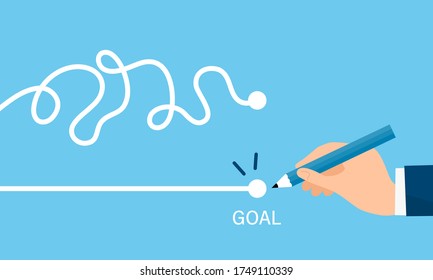 Shortest distance to goal,hand holding pencil,blue background,vector illustration