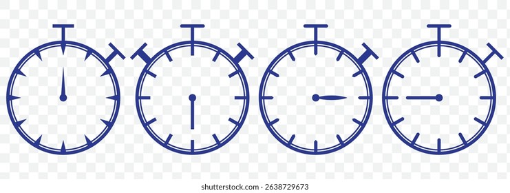 Shortest time limit stopwatch vector icon Blue set material.  Stopwatch icon set. Line and glyph stopwatch timer. Countdown timer collection on Transparent Background. EPS 10.