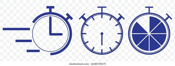 Shortest time limit stopwatch vector icon Blue set material.  Stopwatch icon set. Line and glyph stopwatch timer. Countdown timer collection on Transparent Background. EPS 10.
