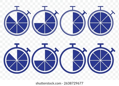 Shortest time limit stopwatch vector icon Blue set material.  Stopwatch icon set. Line and glyph stopwatch timer. Countdown timer collection on Transparent Background. EPS 10.
