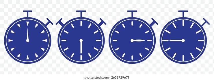 Shortest time limit stopwatch vector icon Blue set material.  Stopwatch icon set. Line and glyph stopwatch timer. Countdown timer collection on Transparent Background. EPS 10.