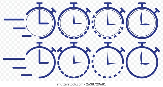 Shortest time limit stopwatch vector icon Blue set material.  Stopwatch icon set. Line and glyph stopwatch timer. Countdown timer collection on Transparent Background. EPS 10.