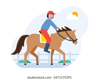 A short-haired female athlete wearing safe gear and riding an equitation horse. Character design. Vector flat illustration 