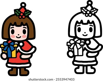 A short-haired female child wearing a red winter Santa Claus cape and holding a box of Christmas gifts. Christmas concept. Simple icons, characters, clipart with bold black lines. Vector.	