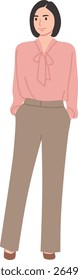 Short-haired female professional dressed in elegant business attire, posing with both hands casually in her pants pockets