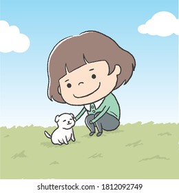 
Short-haired girl playing with her pet white baby dog ​​on the field