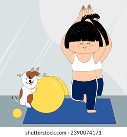 A short-haired girl is wearing sportswear. She is playing yoga on a blue mat in front of a big mirror. Her dog is excited and playing yoga with her, too.