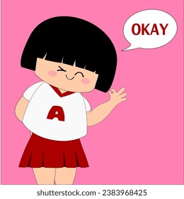 A short-haired girl wearing a white T-shirt with red trim on the alphabet "A" and a red miniskirt pleated around all, her on a pink background to show finger language that means okay to someone.