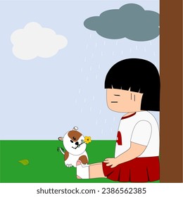 A short-haired girl wearing a white T-shirt and a red miniskirt pleated around her. She is sitting on the green ground under a cloud of rain, and a dog with yellow flowers to encourage her.