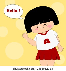 A short-haired girl wearing a white V-neck T-shirt with red trim on the alphabet "A" and a red miniskirt pleated around, her stood on a yellow background waving hello to everyone.