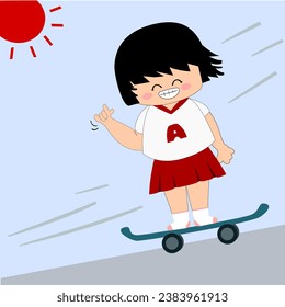 A short-haired girl wearing a white V-neck T-shirt with red trim on the alphabet "A" and a red miniskirt pleated around is playing skateboard in a sloped area on a clear day.