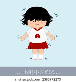 A short-haired girl wearing a white V-neck T-shirt with red trim on the alphabet "A" and a red miniskirt pleated around all, her on a blue background and she is jumping happily.