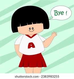 A short-haired girl wearing a white V-neck T-shirt with red trim on the alphabet "A" and a red miniskirt pleated around her stood on a green background and say bye.