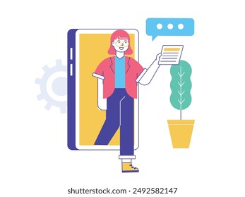 Short-haired glasses woman comes out of the phone, online business starting. Character design. Vector flat illustration