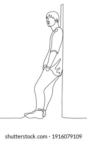 short-haired man in a T-shirt and pants stands with his back against the wall. one line drawing of a young man leaning on a wall, guy looks away lazily