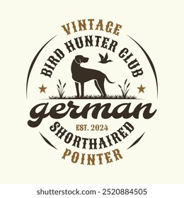 Shorthaired Pointer Bird Hunter Dog Club Diseño de Logo. Emblema de perro de caza