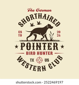 Shorthaired Pointer Bird Hunter Dog Club Diseño de Logo. Emblema de perro de caza