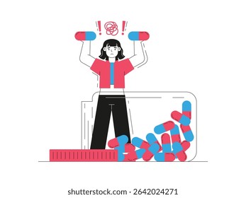 Short-haired woman carrying a lot of medicine, for mental illness. Character design. Vector flat illustration