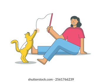 A short-haired woman with a cat as her favorite playmate. Enjoying playing together. Character design. Vector flat illustration