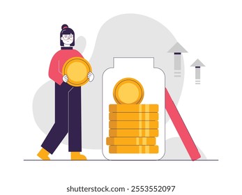 Short-haired woman with glasses is saving coins, an investment in her youth. Character design. Vector flat illustration