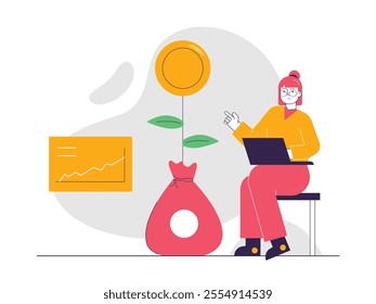 The short-haired woman is observing the progress of her investment, a stable increase. Character design. Vector flat illustration