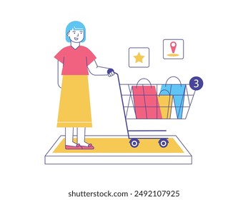 Short-haired woman pushing a trolley fill shopping bags, spending money buying online. Character design. Vector flat illustration