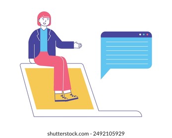 Short-haired woman is sitting on a large laptop, chatting online. Character design. Vector flat illustration