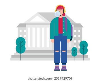 Short-haired woman wearing headphones while chewing gum bubbles, college campus. Vector flat. Character design illustration 