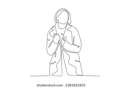 A short-haired woman wearing winter clothes. Winter outfit one-line drawing