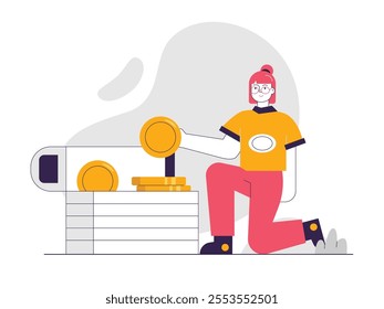 Short-haired young woman opening treasure invest, depositing coins. Character design. Vector flat illustration