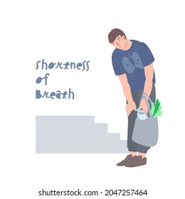 Shortness of breath, post-covid syndrome, consequence of covid-19. Sick man suffer breathlessness. Person with dyspnea, difficulty breathing after Coronavirus, cartoon vector illustration.