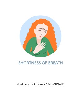 Shortness Of Breath - Symptom Of Coronavirus, Hand Drawing Icon, Sick Girl With Red Hair Tries To Breathe, Covid-19 Vector Illustration