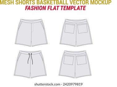 Shorts Basketball Flat Technical Drawing Illustration Blank Shorts Streetwear Mock-up Template Unisex Athletic Basketball Shorts Active Wear Short Mesh Short Fashion Flat Sketch Vector Illustration